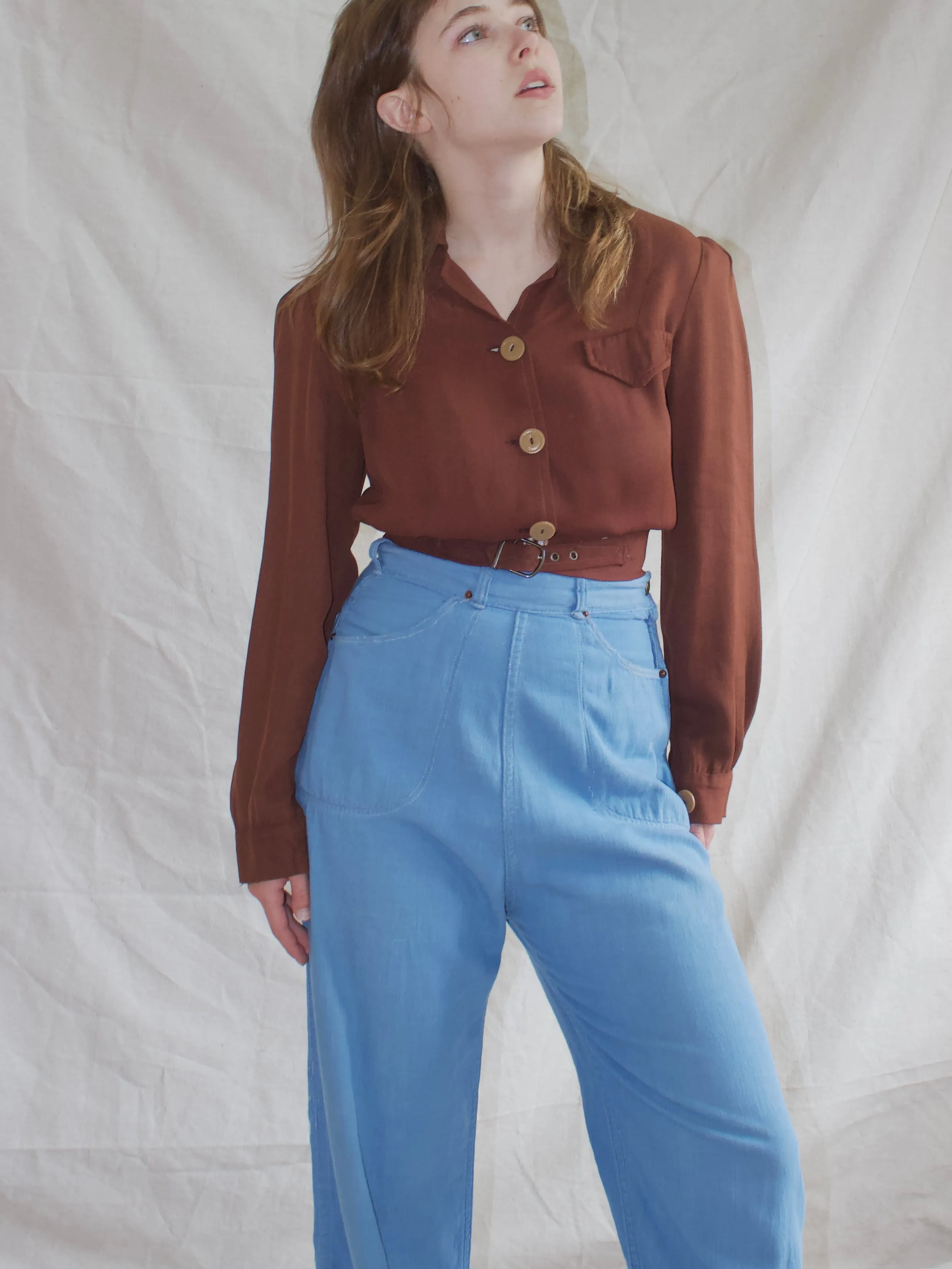 1950s Duck Brand Baby Blue Soft Broken In Side Zip Denim