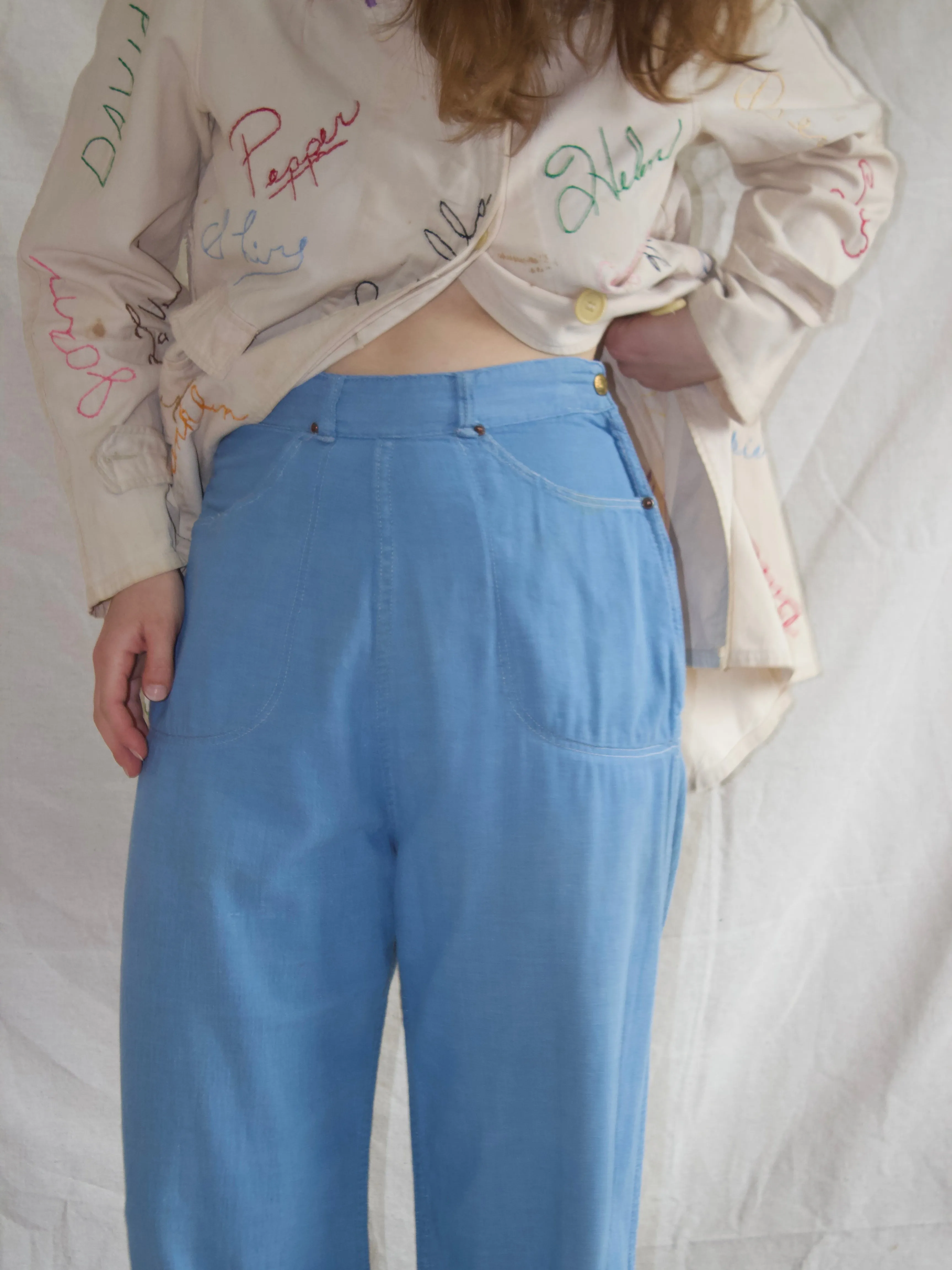1950s Duck Brand Baby Blue Soft Broken In Side Zip Denim