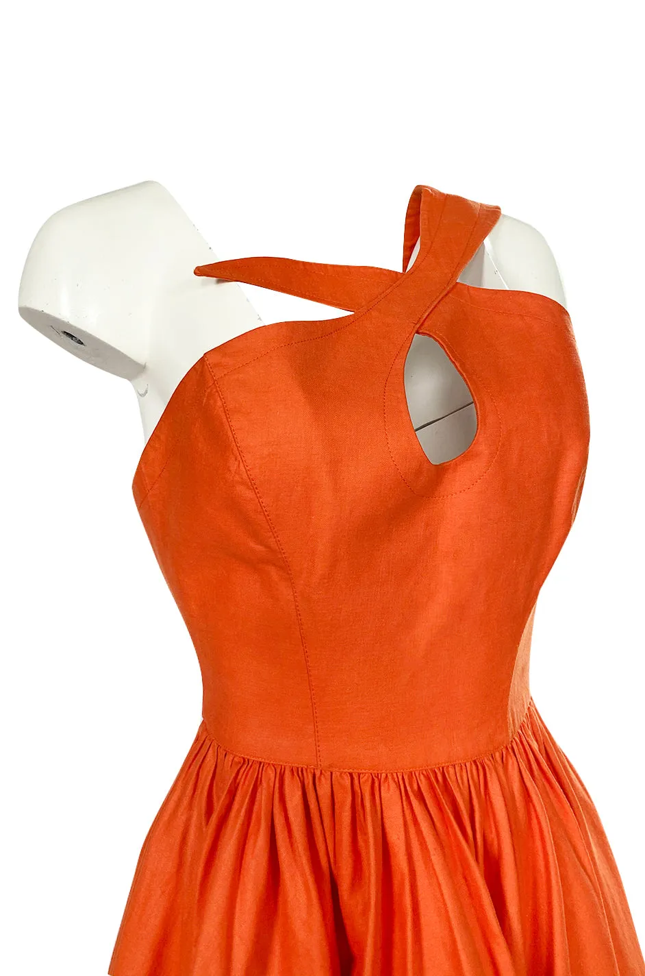 1980s Thierry Mugler One Shoulder Sculpted Orange Cotton Dress