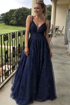 2025 Lace Navy Blue Prom Dresses with Sequins Formal Graduation Dresses