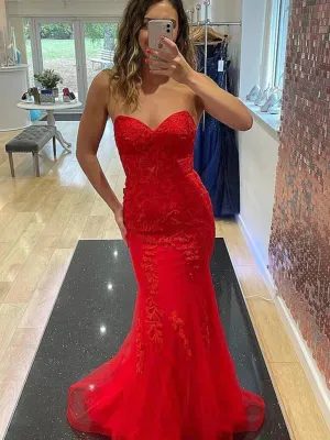 2025 Long Red Lace Prom Dresses Strapless Sweetheart Mermaid UK Formal Dress