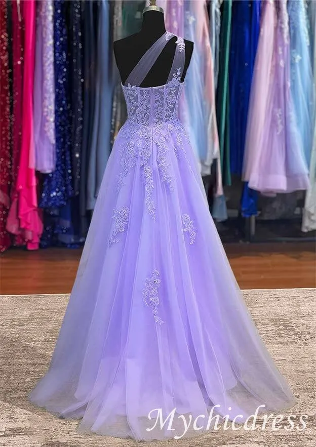 A-line 2025 Lavender Long Prom Dresses One Shoulder Lace Formal Gown