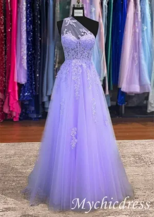 A-line 2025 Lavender Long Prom Dresses One Shoulder Lace Formal Gown