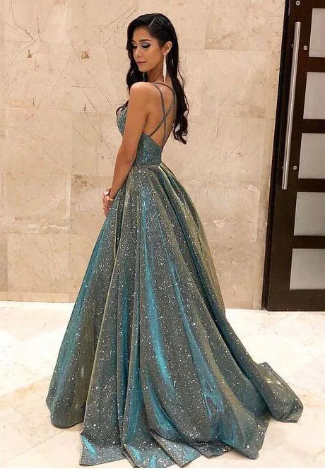 A Line Glitter Sequin Prom Dresses with Pockets Cross Back Evening Dresses