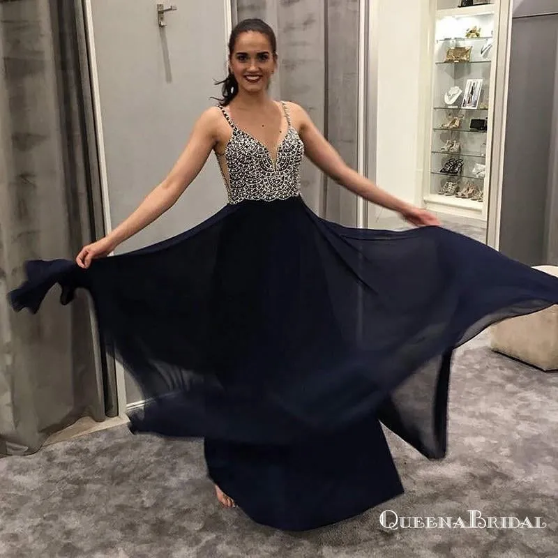 A-Line Spaghetti Straps Long Navy Blue Prom Dresses with Beading, QB0533
