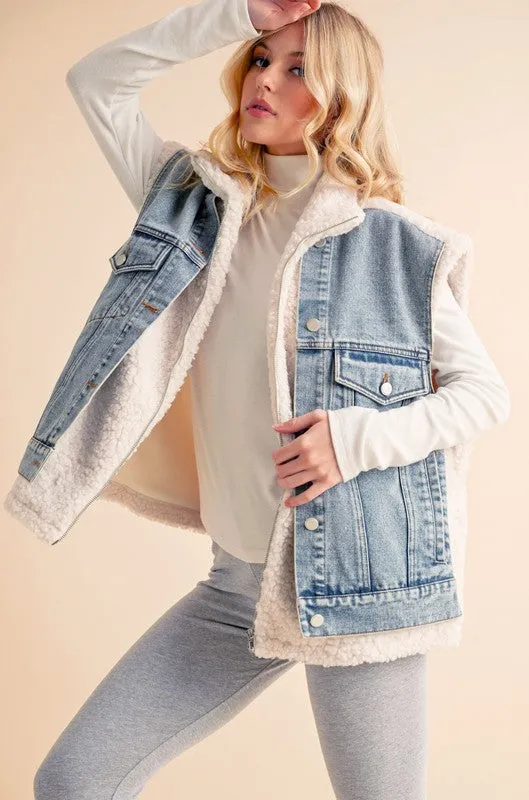Aemi   Co Fake Two Pieces Denim Patch Sherpa Vest Coat