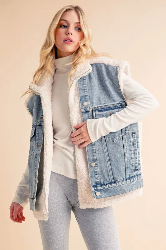Aemi   Co Fake Two Pieces Denim Patch Sherpa Vest Coat