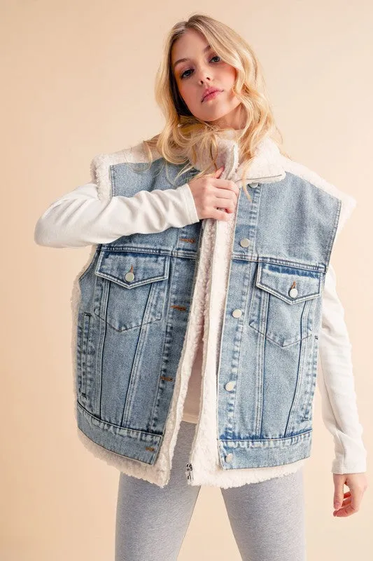 Aemi   Co Fake Two Pieces Denim Patch Sherpa Vest Coat