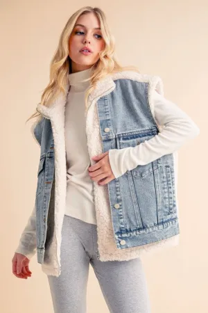 Aemi   Co Fake Two Pieces Denim Patch Sherpa Vest Coat