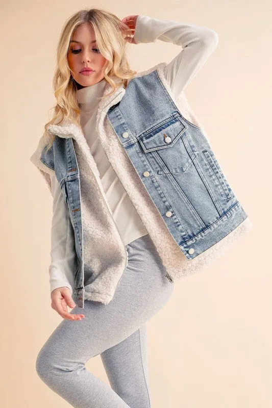 Aemi   Co Fake Two Pieces Denim Patch Sherpa Vest Coat