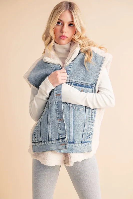Aemi   Co Fake Two Pieces Denim Patch Sherpa Vest Coat