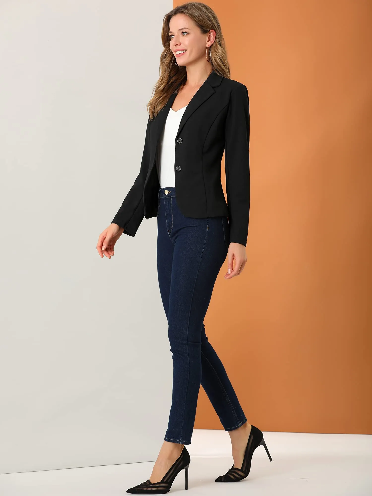 Allegra K Women's Work Office Blazer Stretch Lapel Collar Long Sleeve Jacket Suit Blazer Medium Black