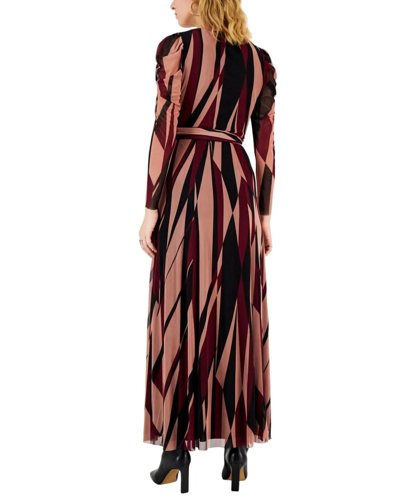Anne Klein Womens Mesh Printed Puff-Sleeve Maxi Dress Anne Combo Red 2XL