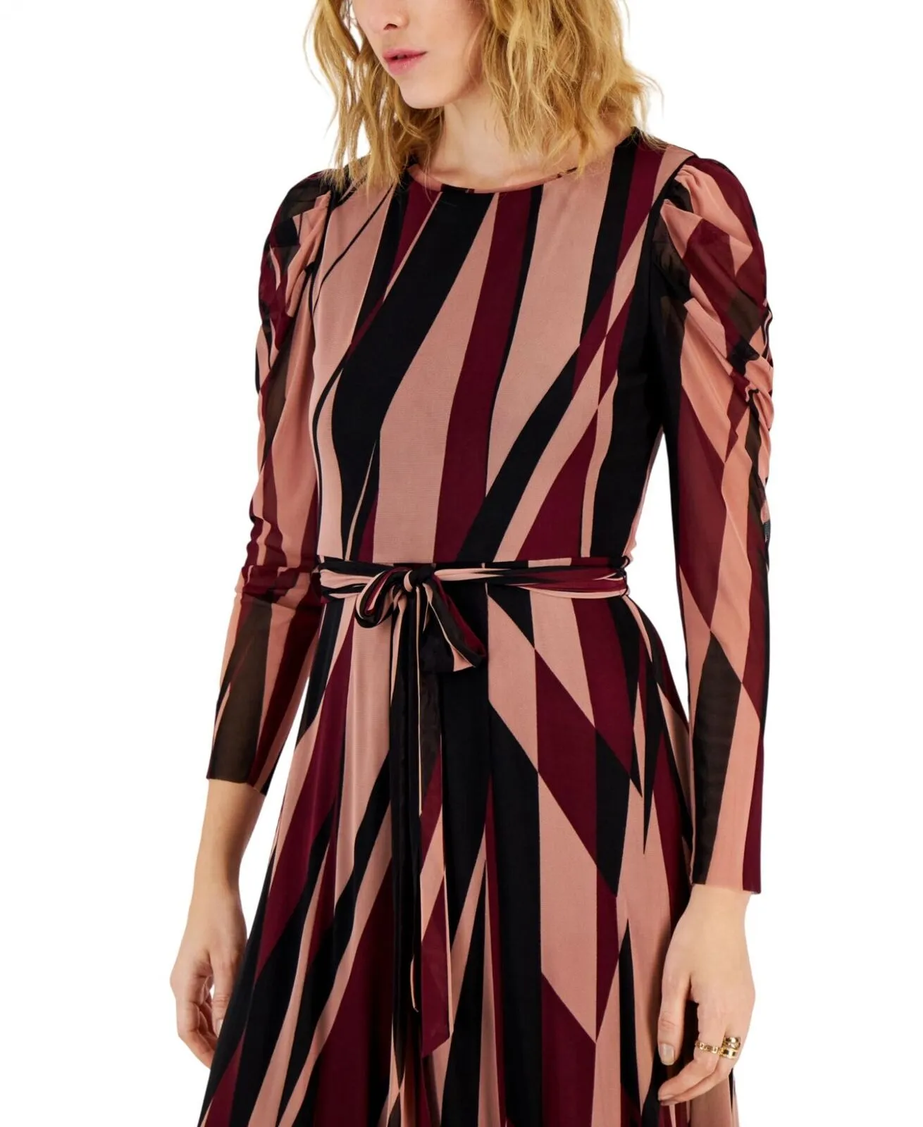 Anne Klein Womens Mesh Printed Puff-Sleeve Maxi Dress Anne Combo Red 2XL