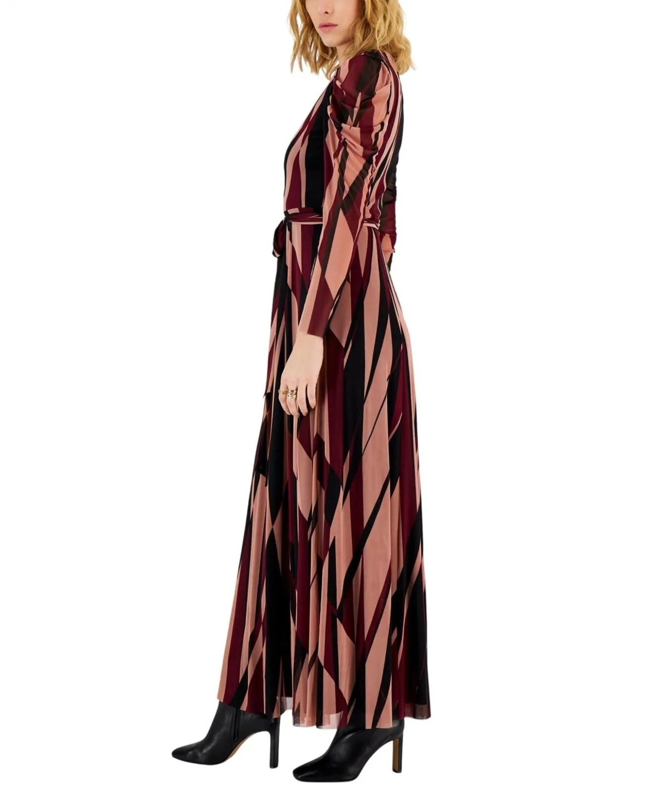 Anne Klein Womens Mesh Printed Puff-Sleeve Maxi Dress Anne Combo Red 2XL