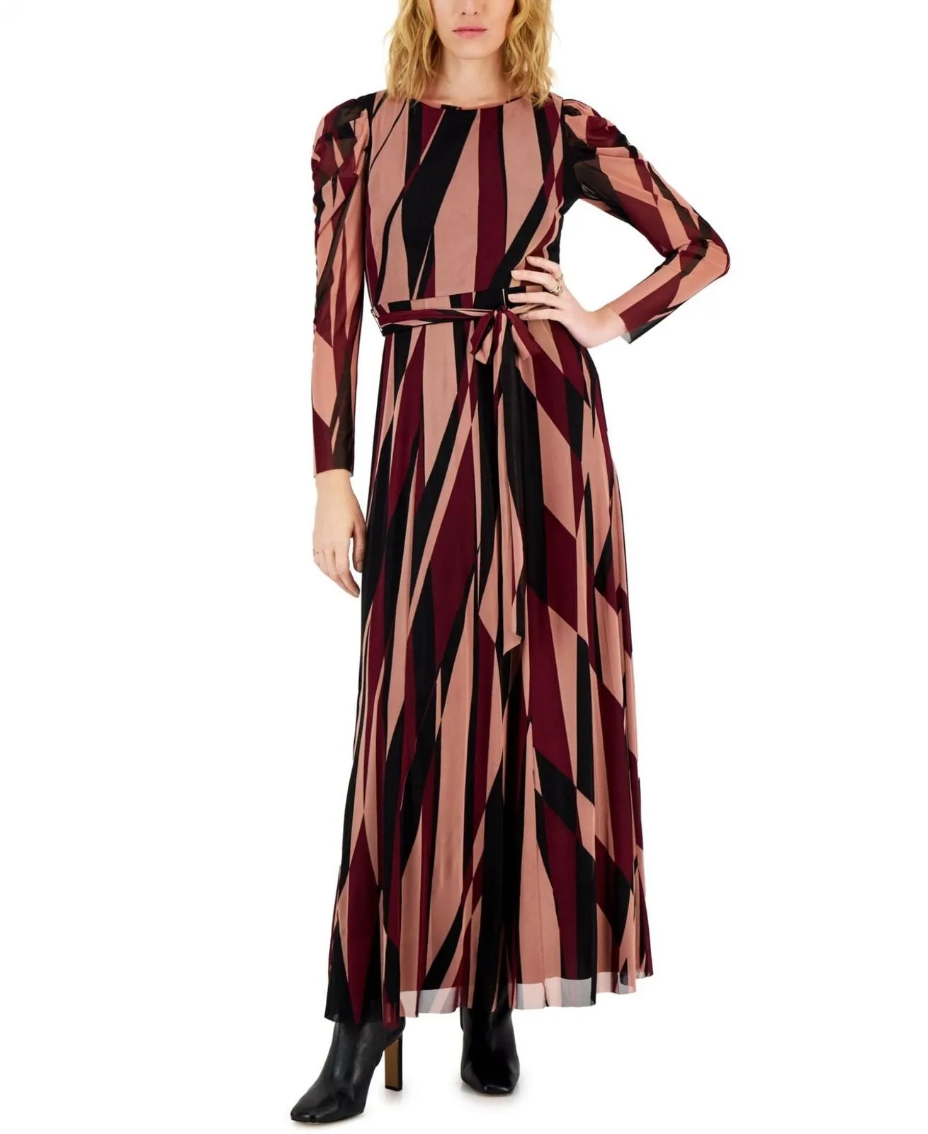 Anne Klein Womens Mesh Printed Puff-Sleeve Maxi Dress Anne Combo Red 2XL