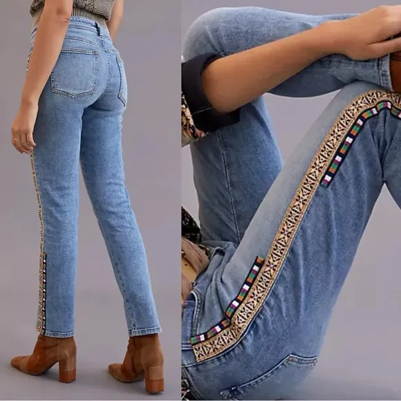 Anthropologie Slim Boyfriend Crop Embroidered Denim Boho 70s Western Jeans sz 27