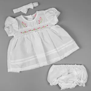 Baby Girl White Summer Dress Set – Embroidered Flowers & Smocking with Matching Accessories