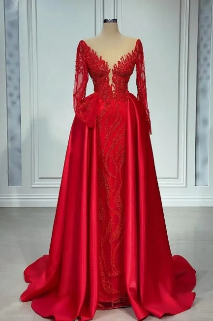 Ballbella Chic V-neck Lace Prom Dresses Evening Gown With Long Sleeves