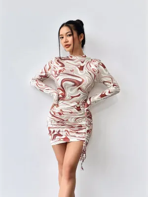 Beige Printed Full Sleeved Ruched Mini Dress