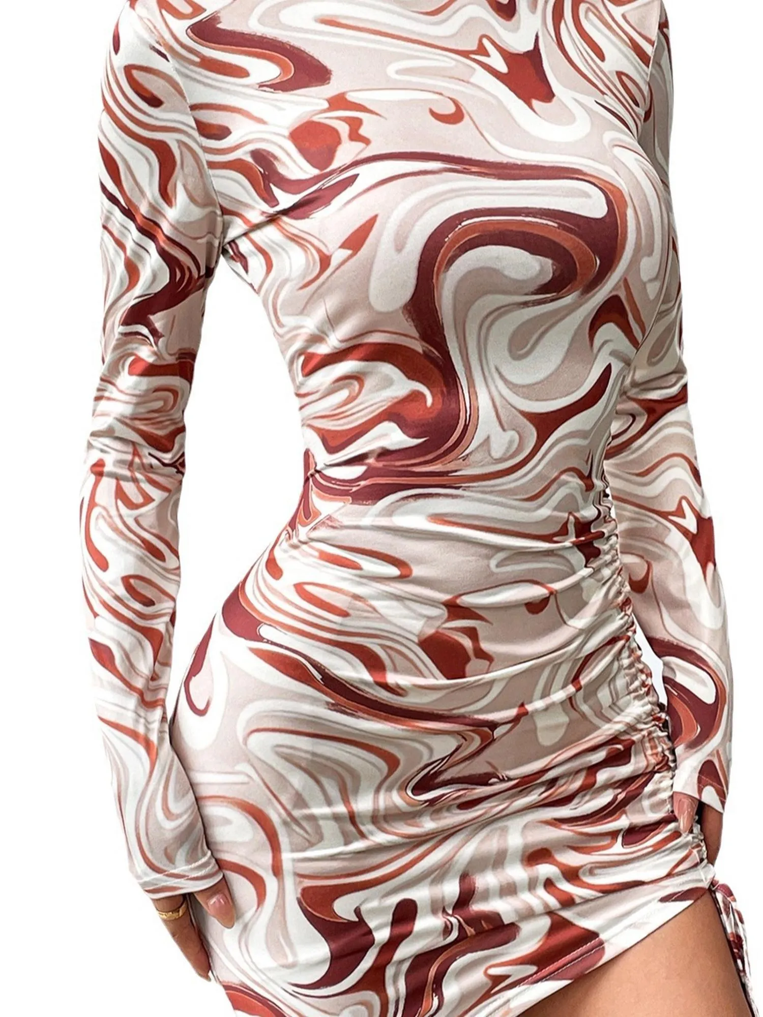 Beige Printed Full Sleeved Ruched Mini Dress
