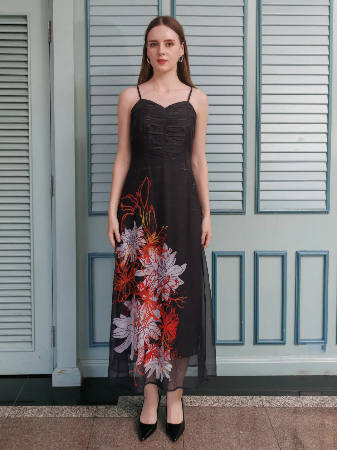Black Floral Print Maxi Dress