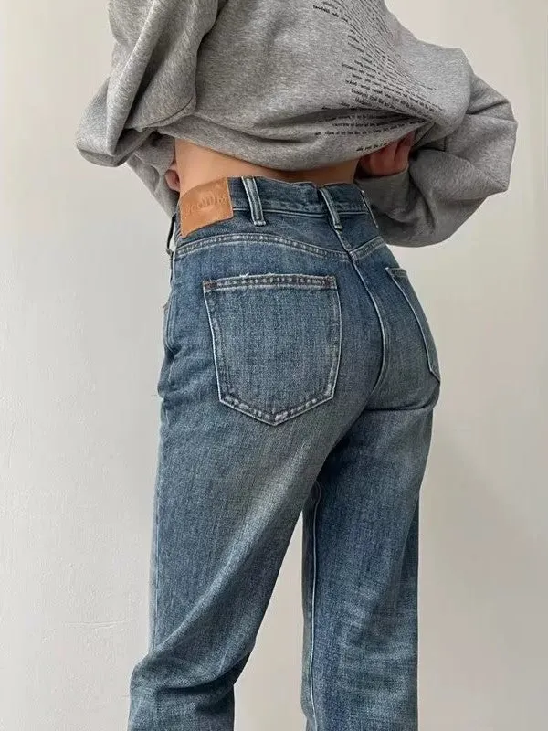 Blaue Vintage Vielseitige Slim Schlaghose mit Hoher Taille