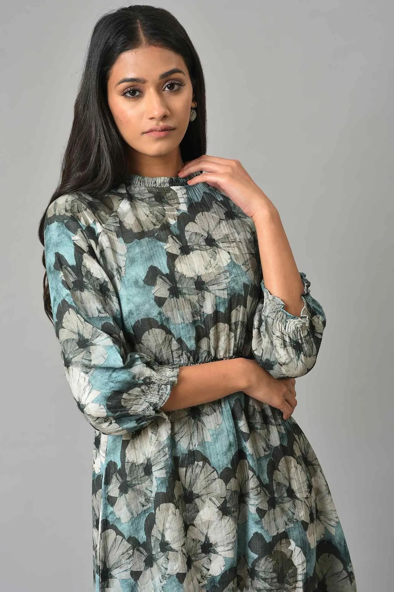 Blue A-Line Prined Smocked Western Dress