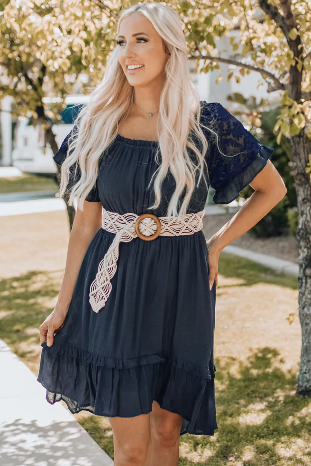Blue Lace Ruffle Sleeve Cinch Waist Smocking Dress
