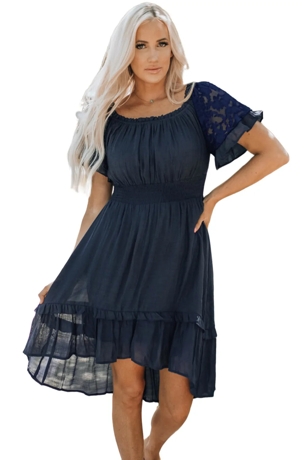 Blue Lace Ruffle Sleeve Cinch Waist Smocking Dress