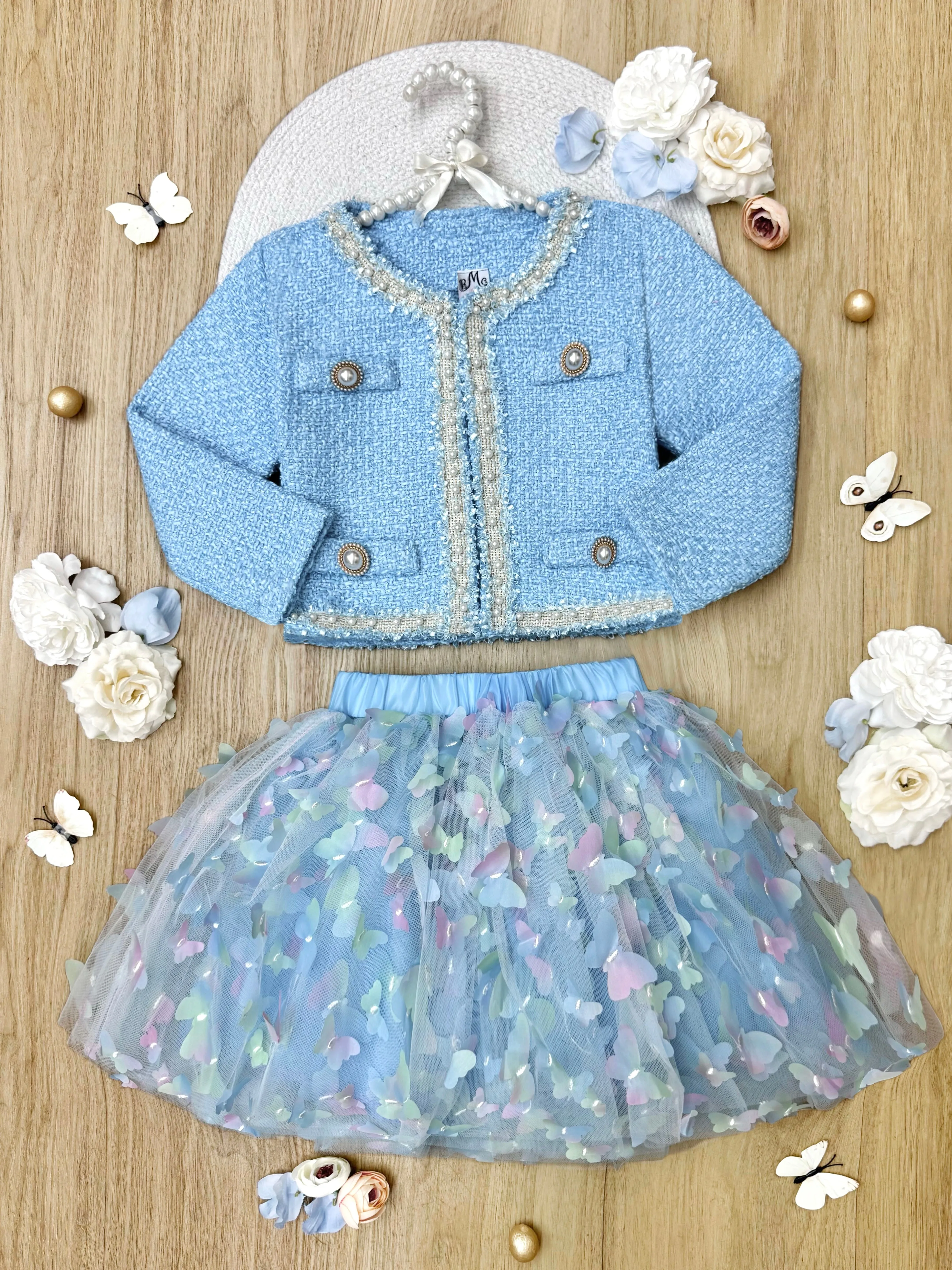 Blue Sparkle Tweed Jacket & Butterfly Tutu Skirt Set