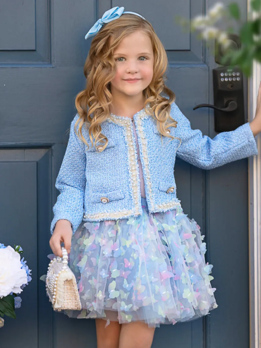 Blue Sparkle Tweed Jacket & Butterfly Tutu Skirt Set