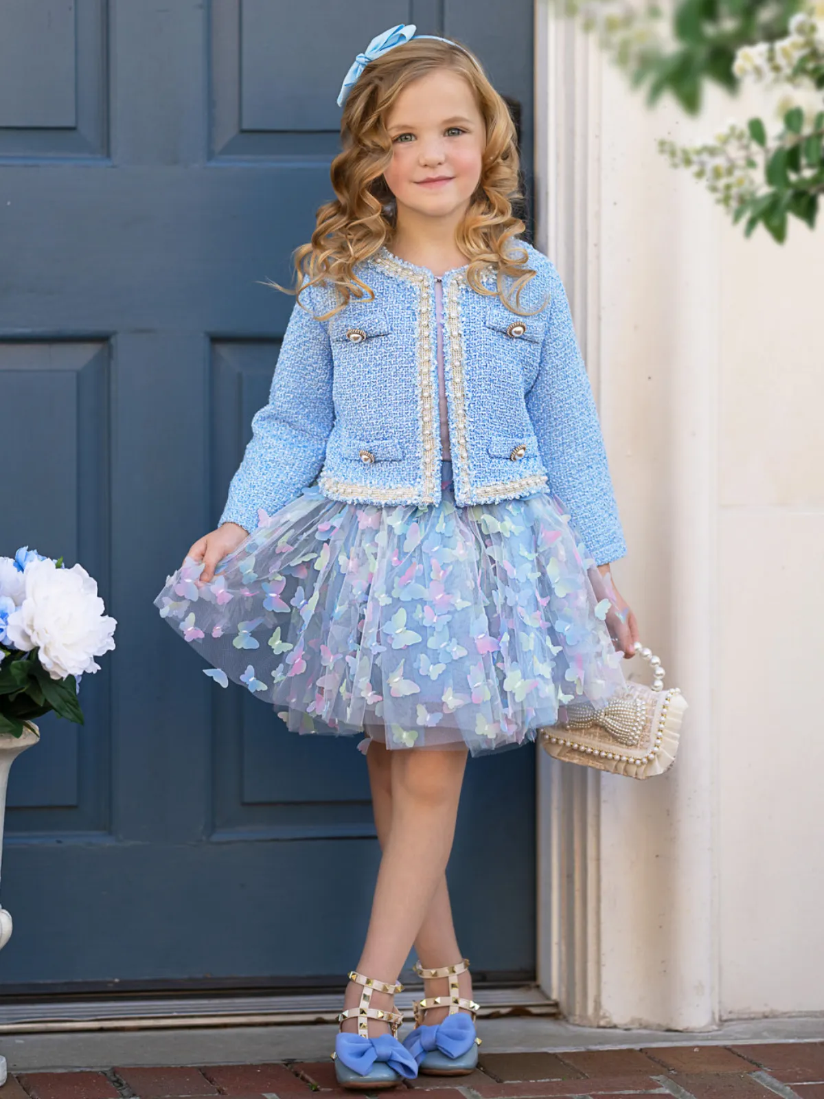 Blue Sparkle Tweed Jacket & Butterfly Tutu Skirt Set