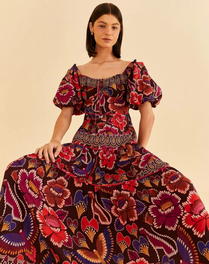 Brown Bright Flora Short Sleeve Midi Dress