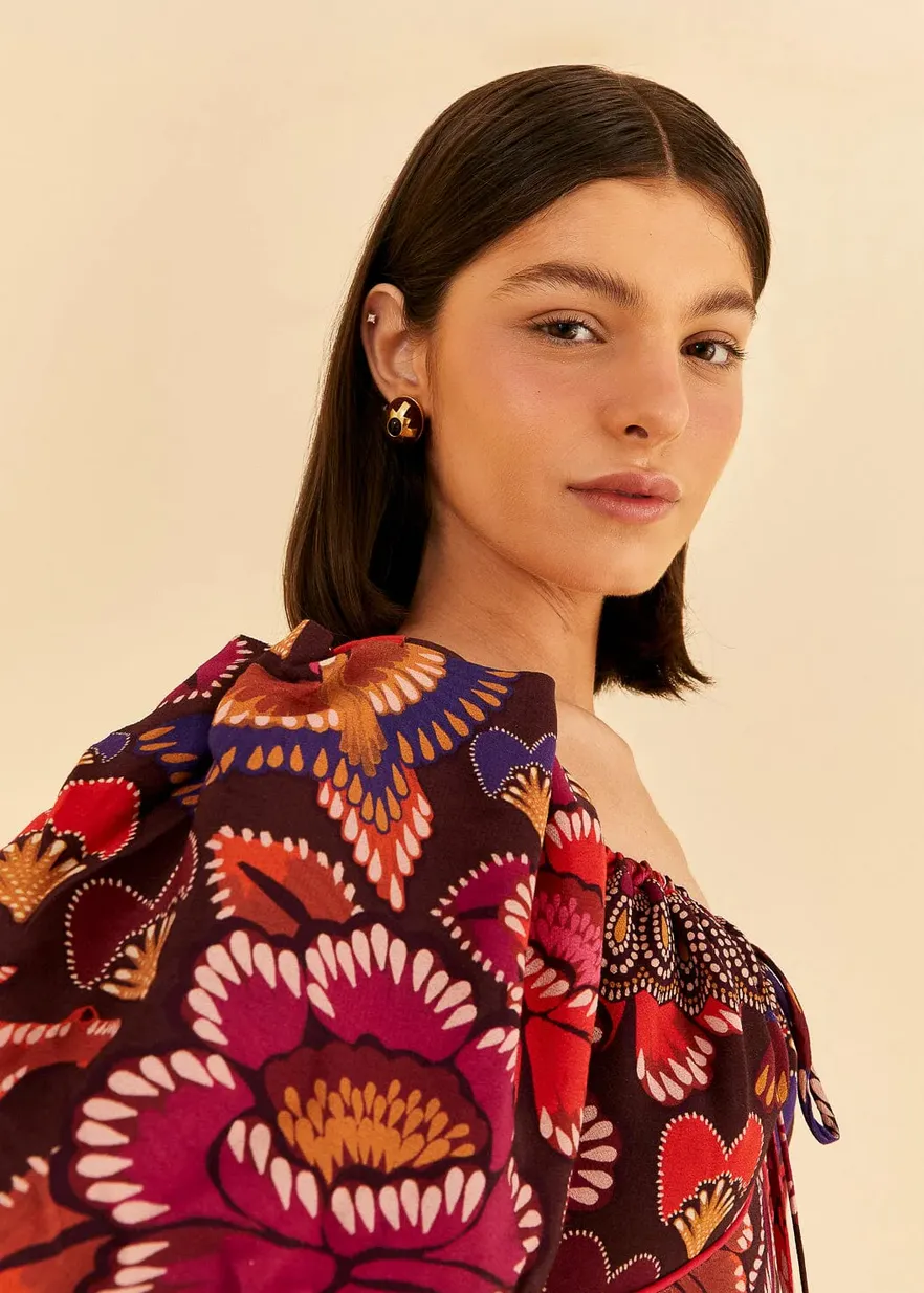 Brown Bright Flora Short Sleeve Midi Dress