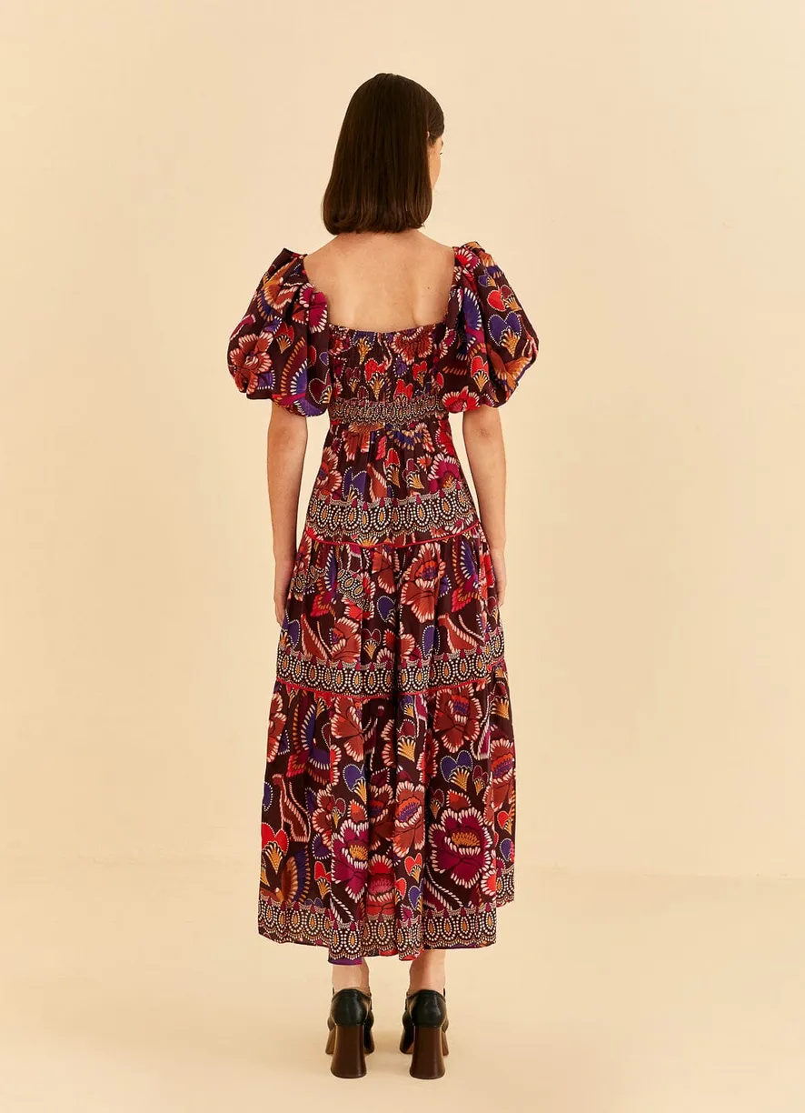 Brown Bright Flora Short Sleeve Midi Dress