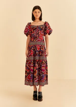 Brown Bright Flora Short Sleeve Midi Dress