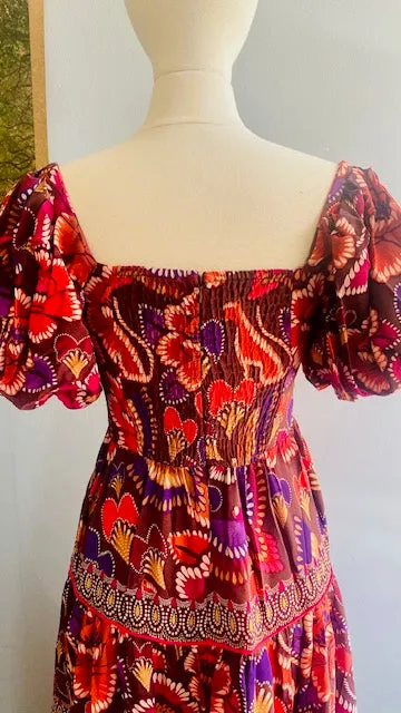 Brown Bright Flora Short Sleeve Midi Dress