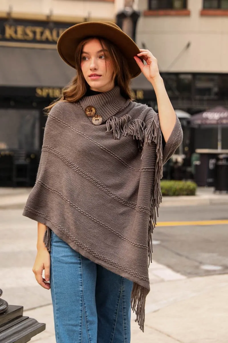Button Neck Fringe Poncho -  5 colors