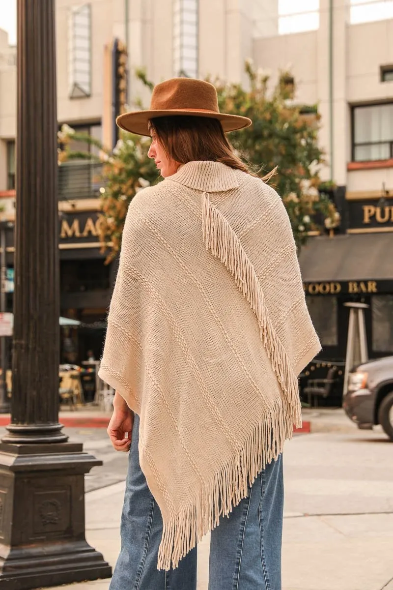 Button Neck Fringe Poncho -  5 colors