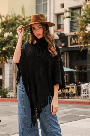 Button Neck Fringe Poncho -  5 colors