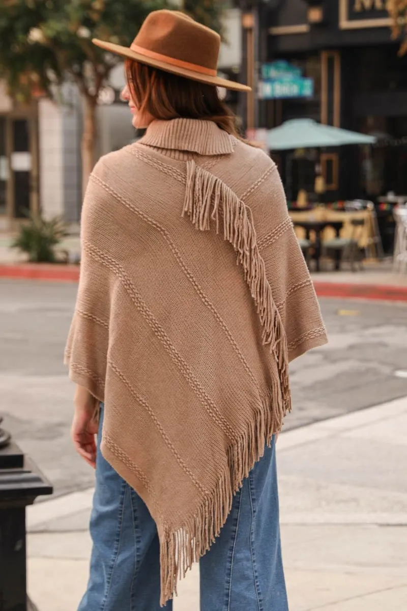 Button Neck Fringe Poncho -  5 colors