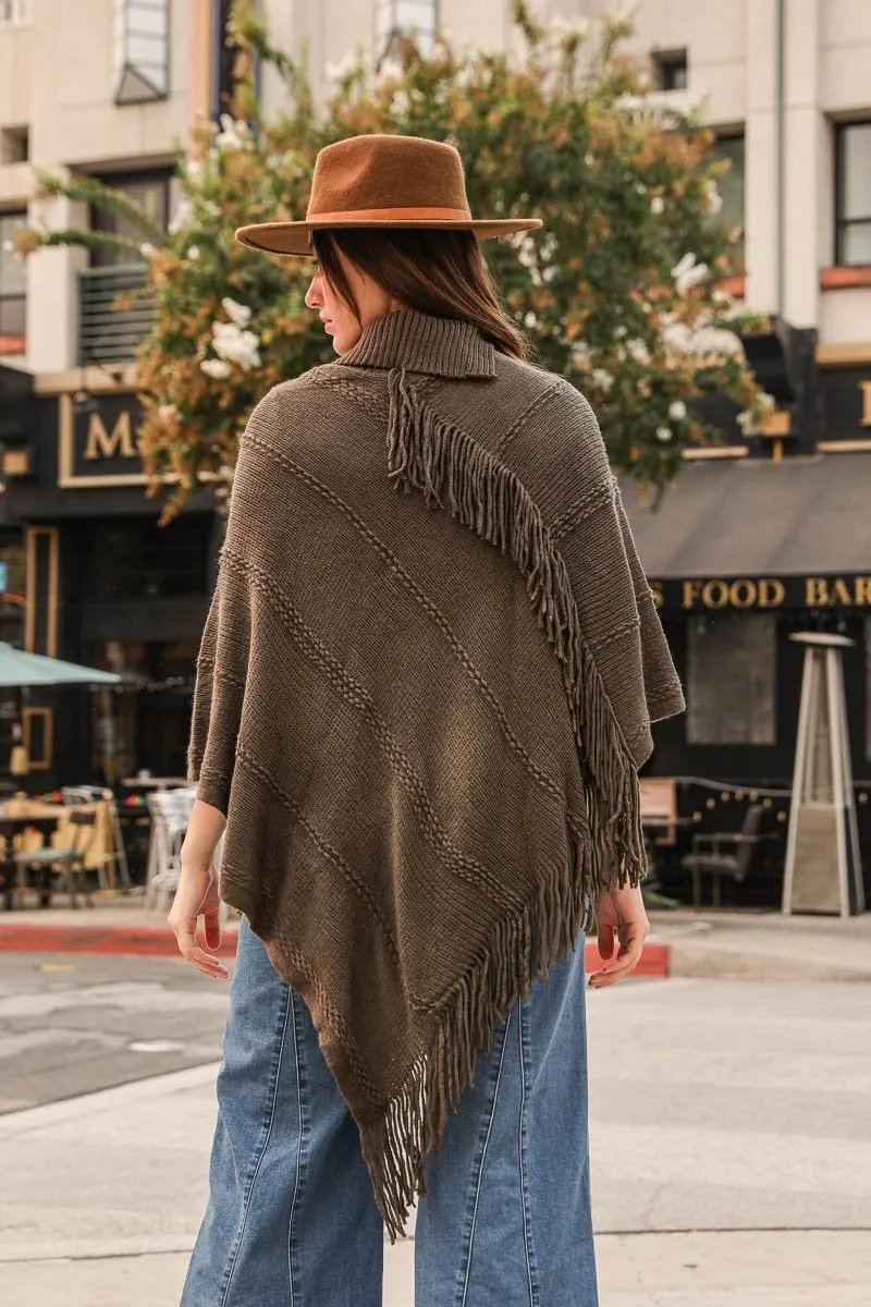 Button Neck Fringe Poncho -  5 colors