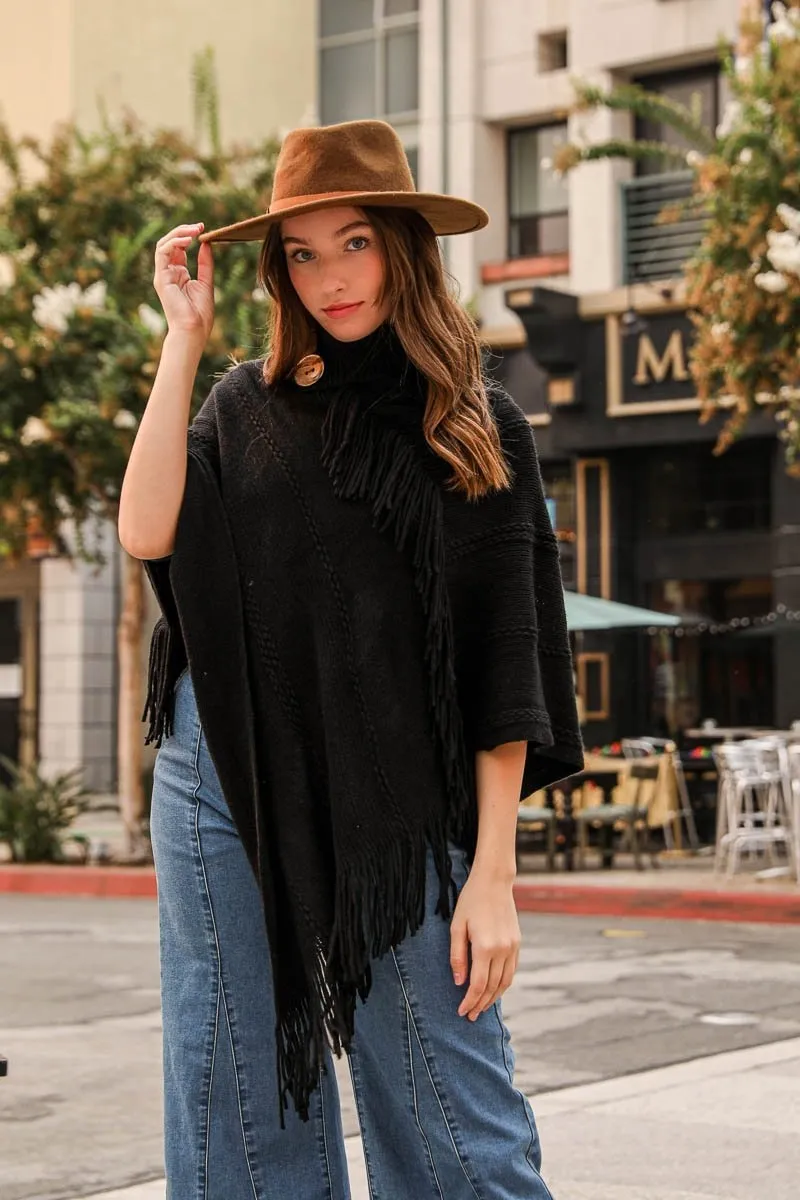 Button Neck Fringe Poncho -  5 colors