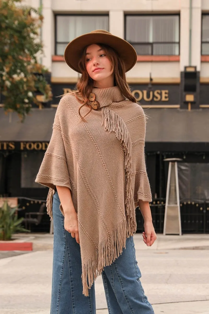 Button Neck Fringe Poncho -  5 colors