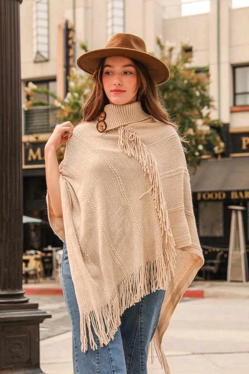 Button Neck Fringe Poncho -  5 colors