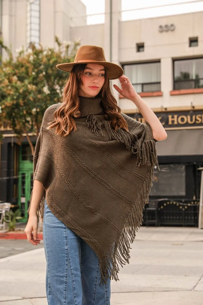 Button Neck Fringe Poncho -  5 colors