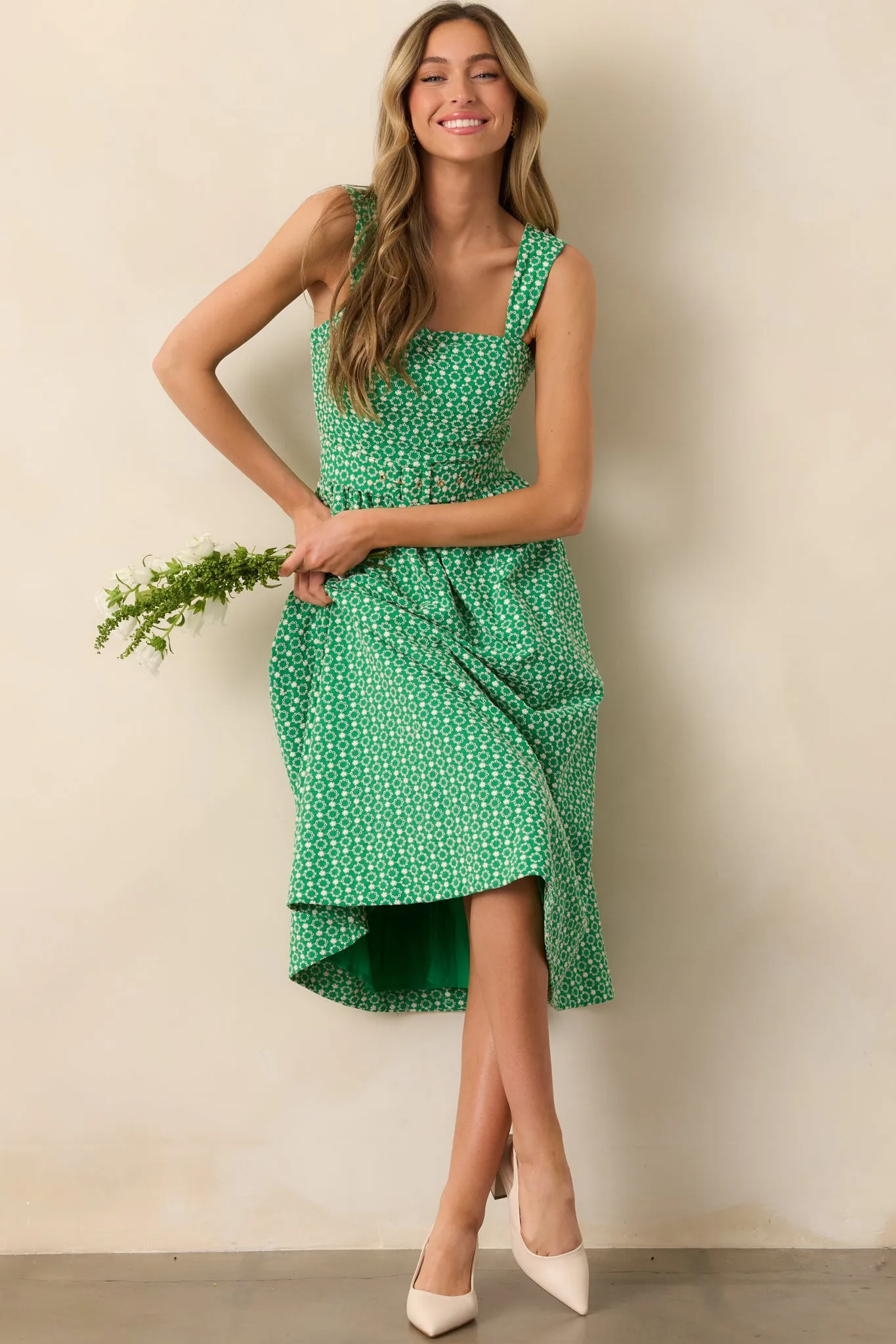 Cameron Meadow Green Cotton Belted Midi Dress