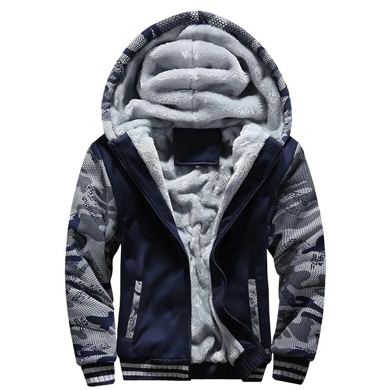 Camouflage Thicken Winter Jacket for Men - Fleece Lined Long Sleeve Coat with Hood, Streetwear Men's Coat