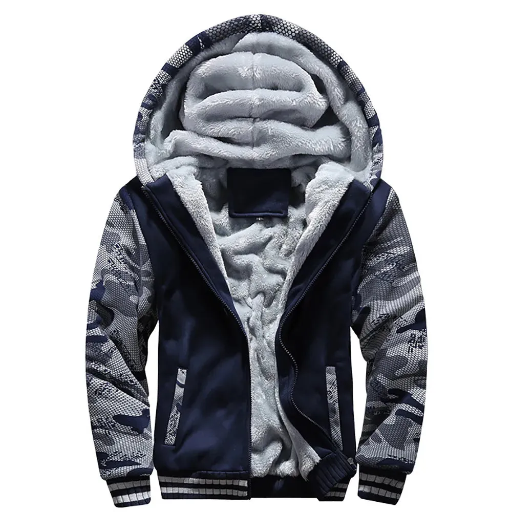 Camouflage Thicken Winter Jacket for Men - Fleece Lined Long Sleeve Coat with Hood, Streetwear Men's Coat